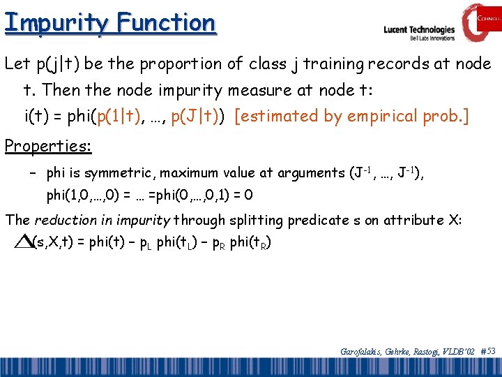 Impurity Function Let p(j|t) be the proportion of class j training records at node
