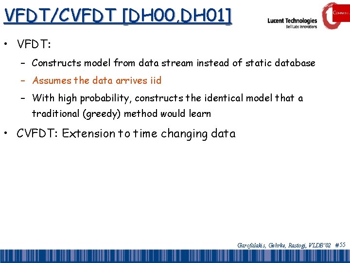 VFDT/CVFDT [DH 00, DH 01] • VFDT: – Constructs model from data stream instead
