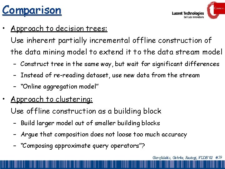 Comparison • Approach to decision trees: Use inherent partially incremental offline construction of the