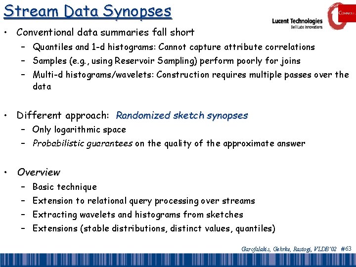 Stream Data Synopses • Conventional data summaries fall short – Quantiles and 1 -d