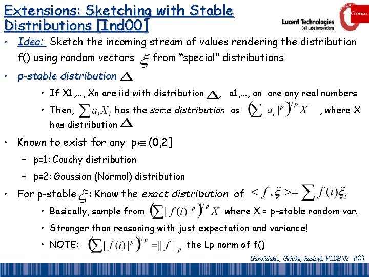 Extensions: Sketching with Stable Distributions [Ind 00] • Idea: Sketch the incoming stream of