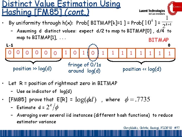 Distinct Value Estimation Using Hashing [FM 85] (cont. ) • By uniformity through h(x):