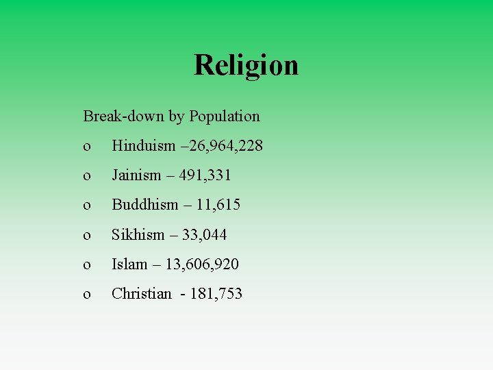 Religion Break-down by Population o Hinduism – 26, 964, 228 o Jainism – 491,