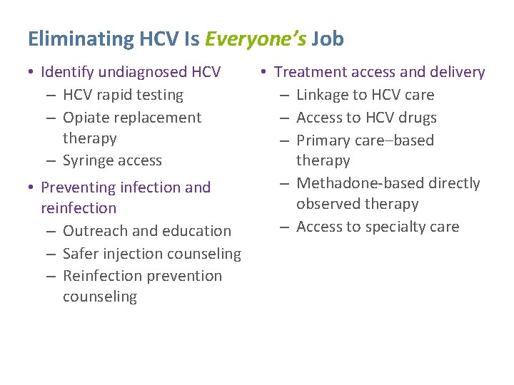 Eliminating HCV Is Everyone’s Job • Identify undiagnosed HCV – HCV rapid testing –