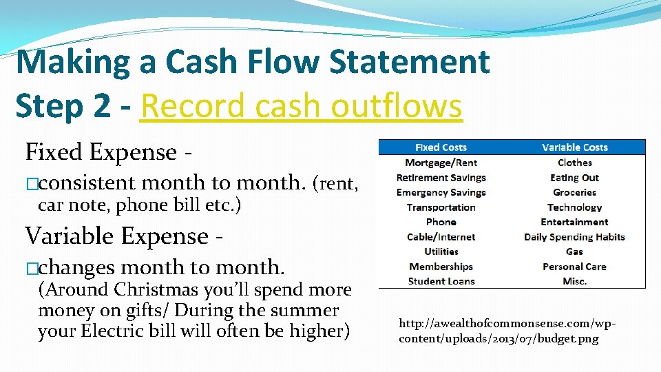 Making a Cash Flow Statement Step 2 - Record cash outflows Fixed Expense -