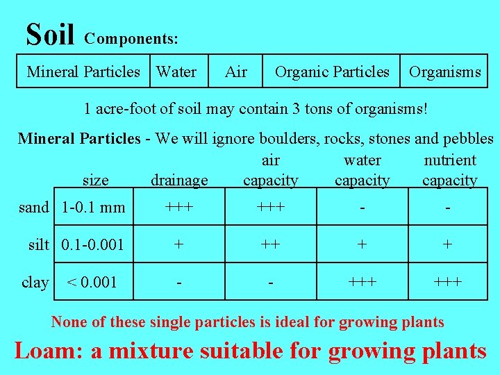 Soil Components: Mineral Particles Water Air Organic Particles Organisms 1 acre-foot of soil may