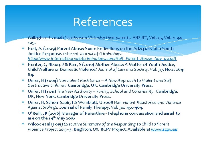 References Gallagher, E 2004 b Youths who Victimise their parents. ANZJFT, Vol. 25, Vol.