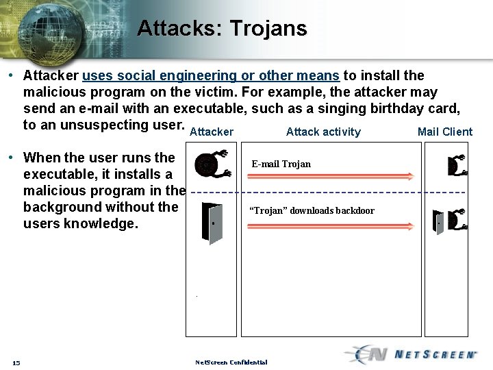 Attacks: Trojans • Attacker uses social engineering or other means to install the malicious