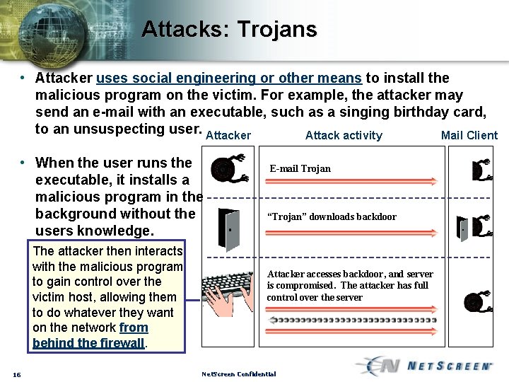 Attacks: Trojans • Attacker uses social engineering or other means to install the malicious