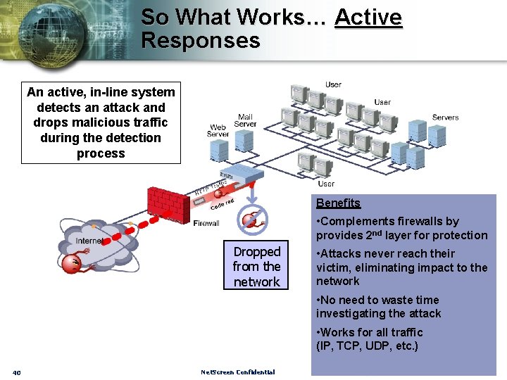 So What Works… Active Responses An active, in-line system detects an attack and drops