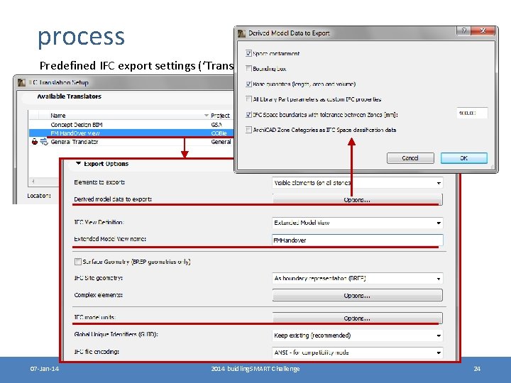 process Predefined IFC export settings (‘Translator’) for COBie 07 -Jan-14 2014 buidling. SMART Challenge