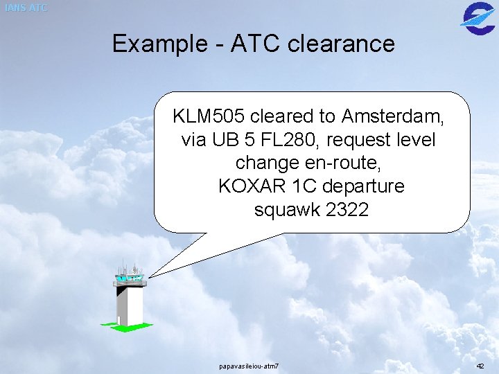 IANS ATC Example - ATC clearance KLM 505 cleared to Amsterdam, via UB 5 IANS ATC Example - ATC clearance KLM 505 cleared to Amsterdam, via UB 5