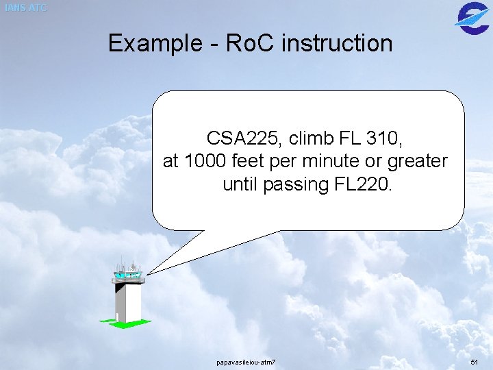 IANS ATC Example - Ro. C instruction CSA 225, climb FL 310, at 1000 IANS ATC Example - Ro. C instruction CSA 225, climb FL 310, at 1000