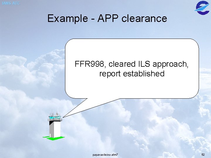 IANS ATC Example - APP clearance FFR 998, cleared ILS approach, report established papavasileiou-atm IANS ATC Example - APP clearance FFR 998, cleared ILS approach, report established papavasileiou-atm