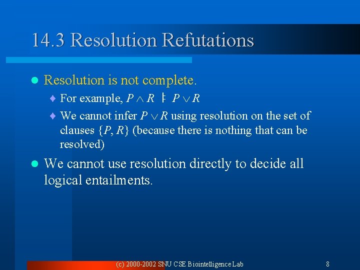 14. 3 Resolution Refutations l Resolution is not complete. ¨ For example, P R