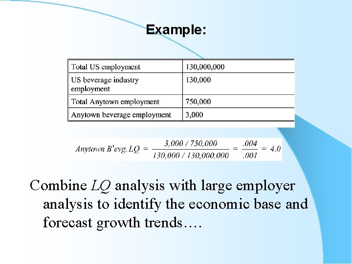 Example: Combine LQ analysis with large employer analysis to identify the economic base and