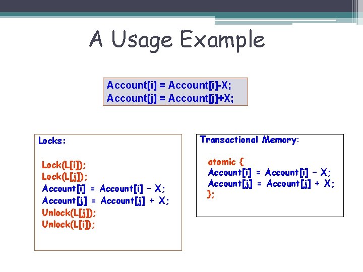 A Usage Example Account[i] = Account[i]-X; Account[j] = Account[j]+X; Locks: Lock(L[i]); Lock(L[j]); Account[i] =