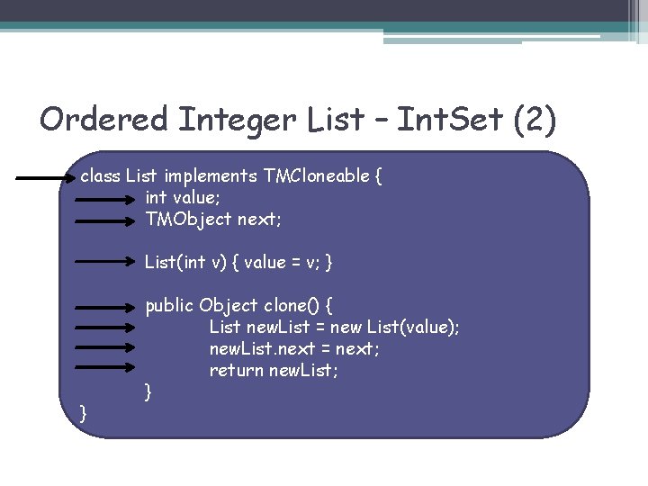 Ordered Integer List – Int. Set (2) class List implements TMCloneable { int value;