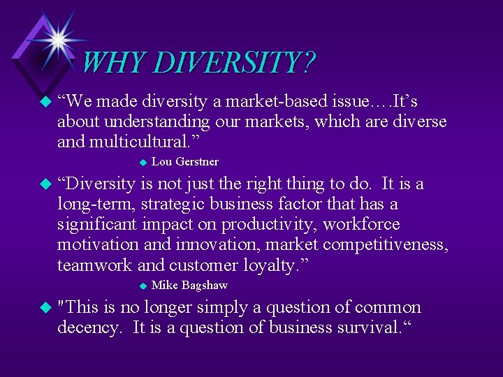 WHY DIVERSITY? u “We made diversity a market-based issue…. It’s about understanding our markets,
