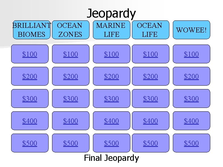 Jeopardy BRILLIANT OCEAN BIOMES ZONES MARINE LIFE OCEAN LIFE WOWEE! $100 $100 $200 $200