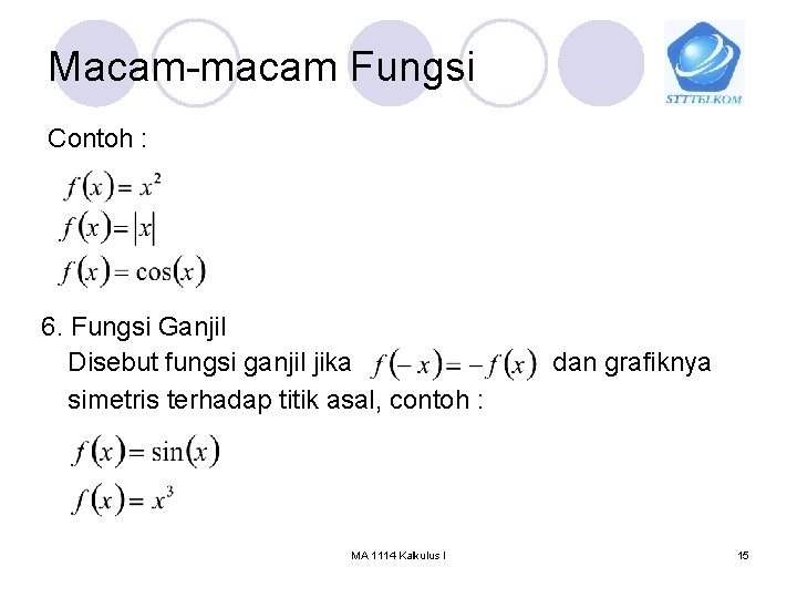 Macam-macam Fungsi Contoh : 6. Fungsi Ganjil Disebut fungsi ganjil jika simetris terhadap titik