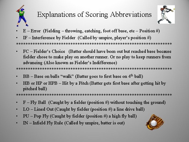 Explanations of Scoring Abbreviations • E – Error (Fielding – throwing, catching, foot off