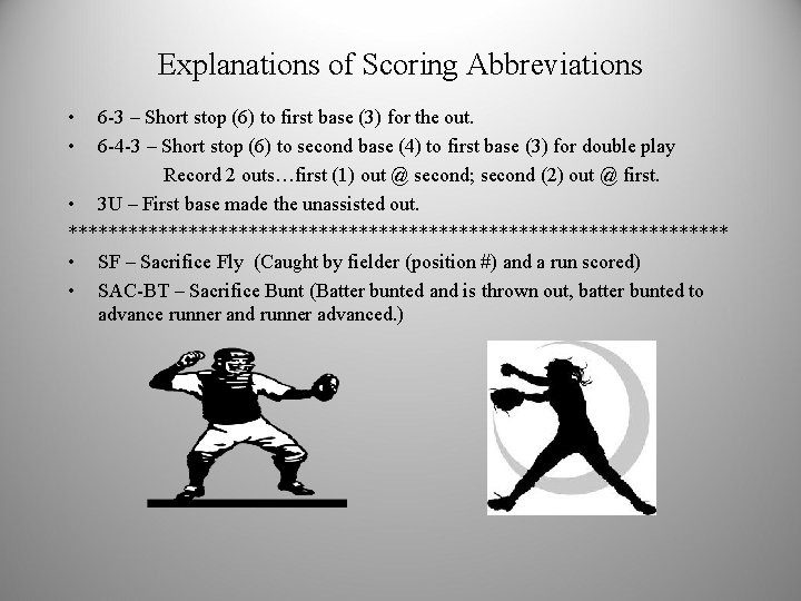 Explanations of Scoring Abbreviations • • 6 -3 – Short stop (6) to first