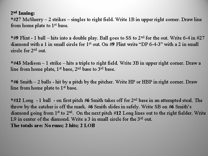 2 nd Inning: *#27 Mc. Sherry – 2 strikes – singles to right field.