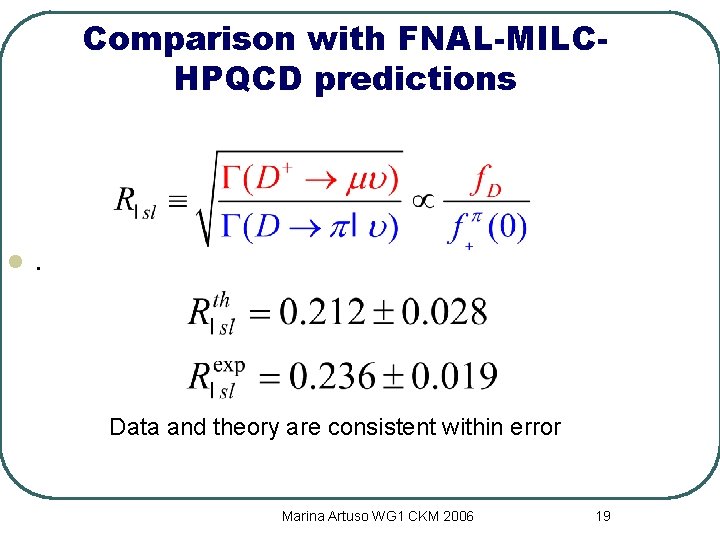 Comparison with FNAL-MILCHPQCD predictions l . Data and theory are consistent within error Marina