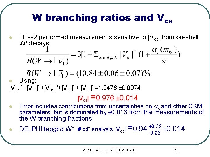 W branching ratios and Vcs l LEP-2 performed measurements sensitive to |Vcs| from on-shell