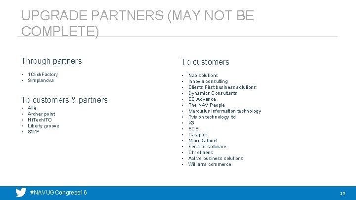 UPGRADE PARTNERS (MAY NOT BE COMPLETE) Through partners To customers • 1 Click. Factory