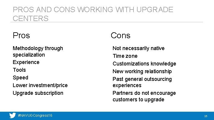 PROS AND CONS WORKING WITH UPGRADE CENTERS Pros Cons Methodology through specialization Experience Tools