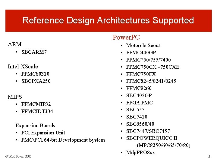 Reference Design Architectures Supported ARM • SBCARM 7 Intel XScale • PPMC 80310 • Reference Design Architectures Supported ARM • SBCARM 7 Intel XScale • PPMC 80310 •