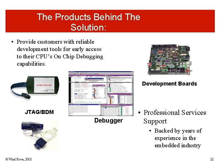 The Products Behind The Solution: • Provide customers with reliable development tools for early The Products Behind The Solution: • Provide customers with reliable development tools for early