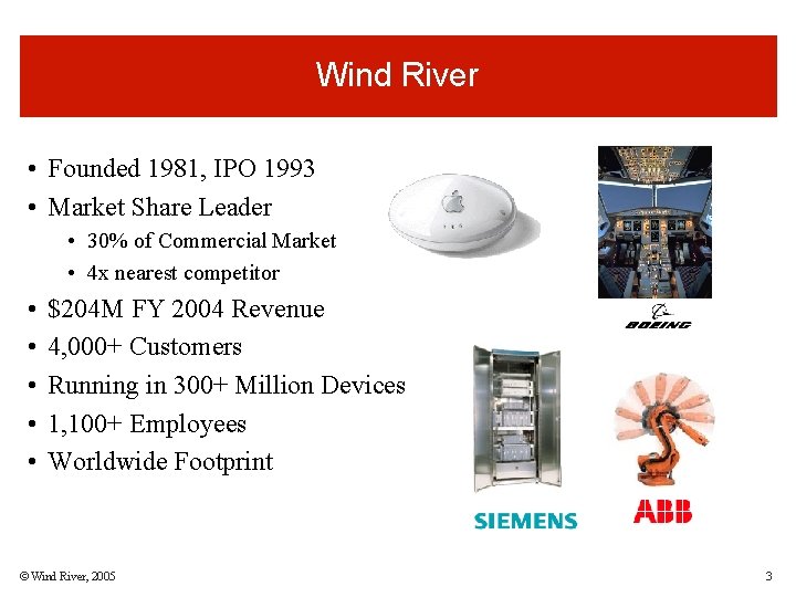 Wind River • Founded 1981, IPO 1993 • Market Share Leader • 30% of Wind River • Founded 1981, IPO 1993 • Market Share Leader • 30% of