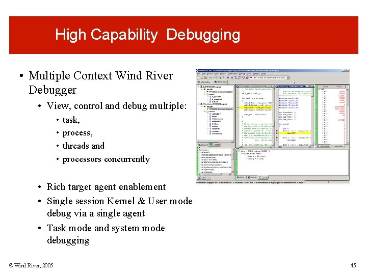 High Capability Debugging • Multiple Context Wind River Debugger • View, control and debug High Capability Debugging • Multiple Context Wind River Debugger • View, control and debug