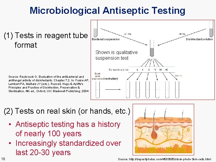 Microbiological Antiseptic Testing (1) Tests in reagent tube format Bacterial suspension Disinfectant solution Shown