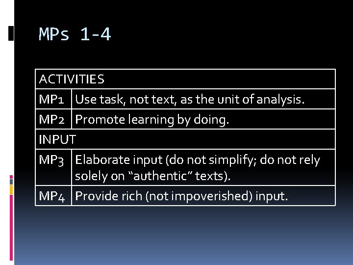 MPs 1 -4 ACTIVITIES MP 1 Use task, not text, as the unit of