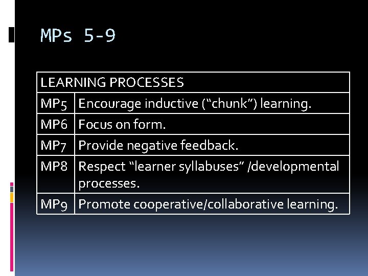 MPs 5 -9 LEARNING PROCESSES MP 5 Encourage inductive (“chunk”) learning. MP 6 Focus