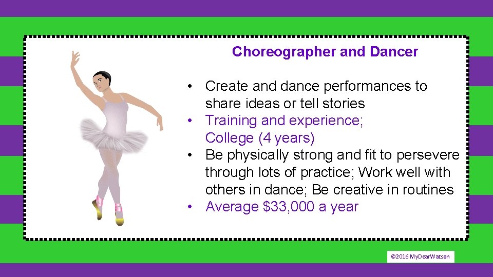 Choreographer and Dancer • Create and dance performances to share ideas or tell stories