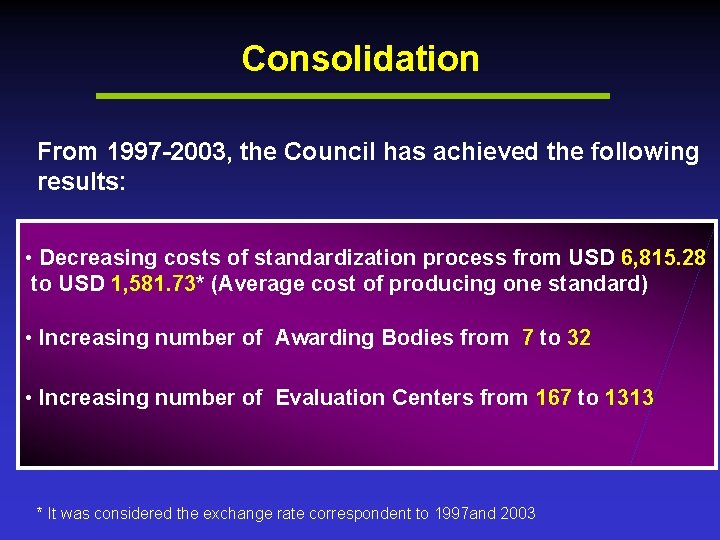 Consolidation From 1997 -2003, the Council has achieved the following results: • Decreasing costs