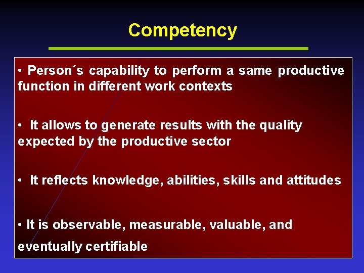 Competency • Person´s capability to perform a same productive function in different work contexts