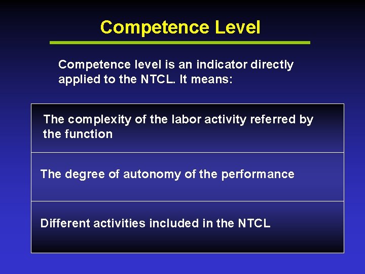 Competence Level Competence level is an indicator directly applied to the NTCL. It means:
