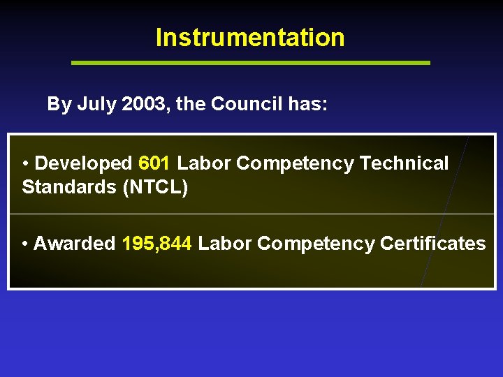 Instrumentation By July 2003, the Council has: • Developed 601 Labor Competency Technical Standards