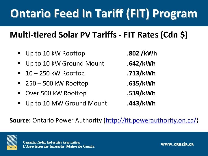 Ontario Feed In Tariff (FIT) Program § Multi-tiered Solar PV Tariffs - FIT Rates