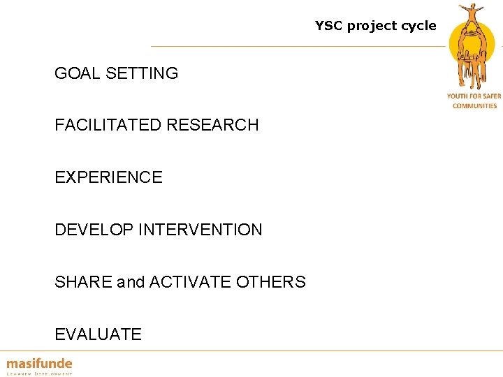 YSC project cycle GOAL SETTING FACILITATED RESEARCH EXPERIENCE DEVELOP INTERVENTION SHARE and ACTIVATE OTHERS