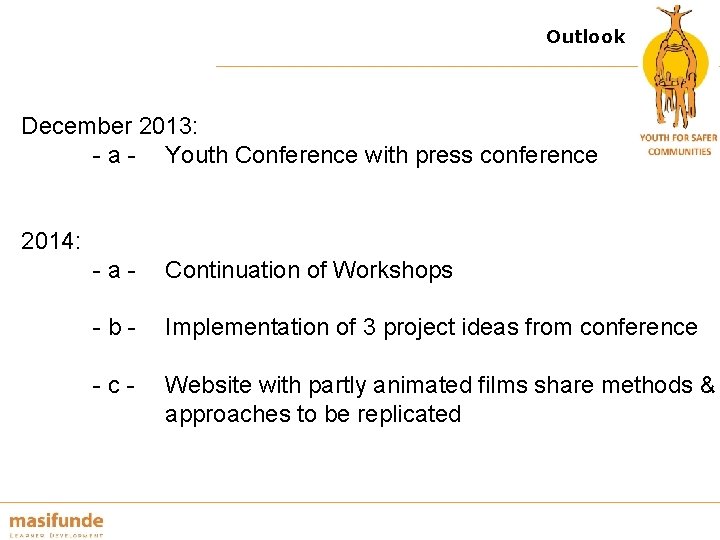 Outlook December 2013: - a - Youth Conference with press conference 2014: -a- Continuation