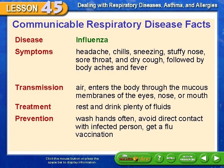 Communicable Respiratory Disease Facts Disease Influenza Symptoms headache, chills, sneezing, stuffy nose, sore throat,