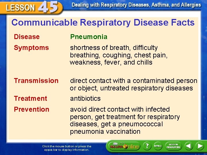 Communicable Respiratory Disease Facts Disease Pneumonia Symptoms shortness of breath, difficulty breathing, coughing, chest