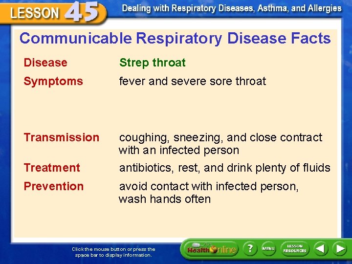 Communicable Respiratory Disease Facts Disease Strep throat Symptoms fever and severe sore throat Transmission